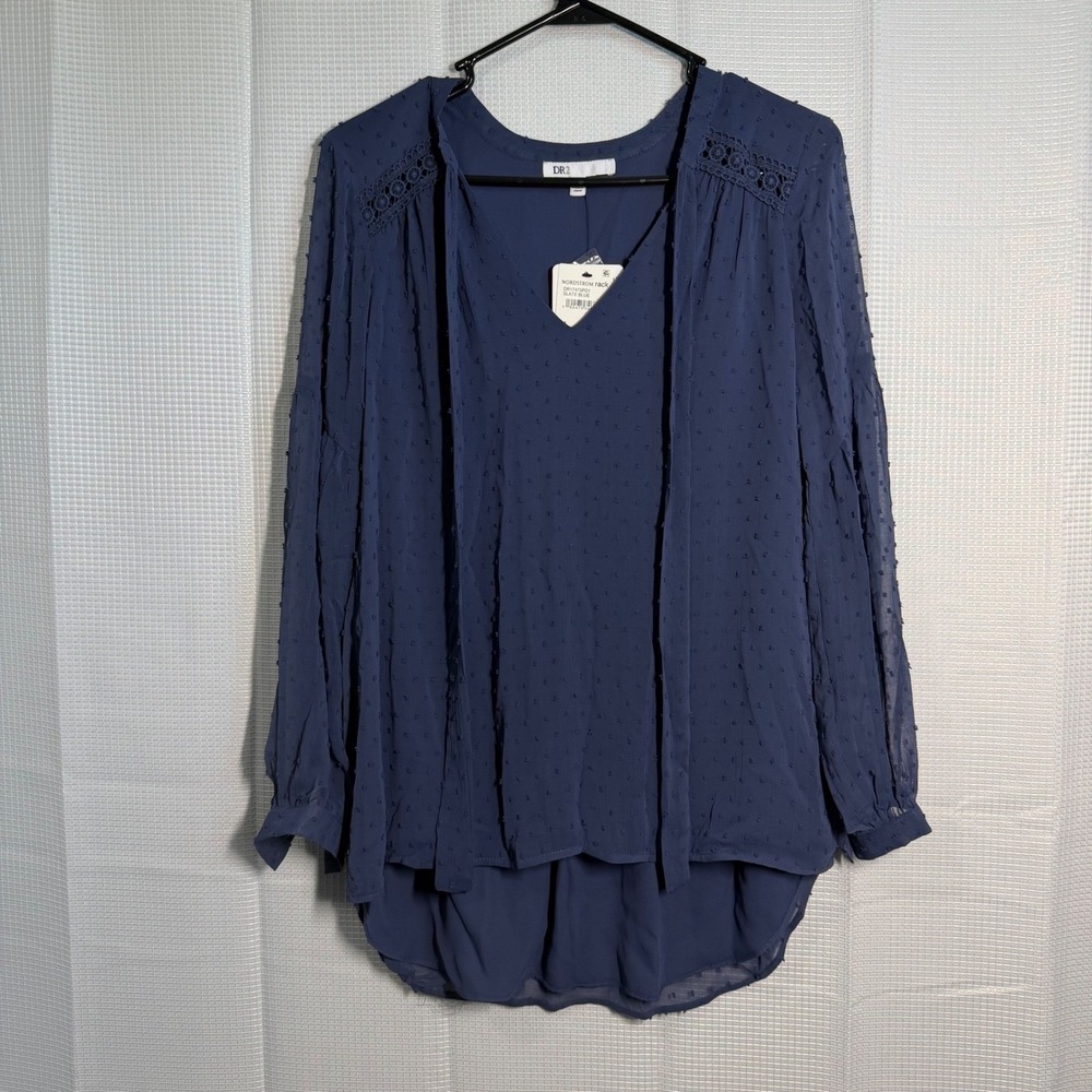 NWT Nordstrom Rack DR2‎ Slate Blue Swiss Dot Long Sleeve Tunic Top Womens XS